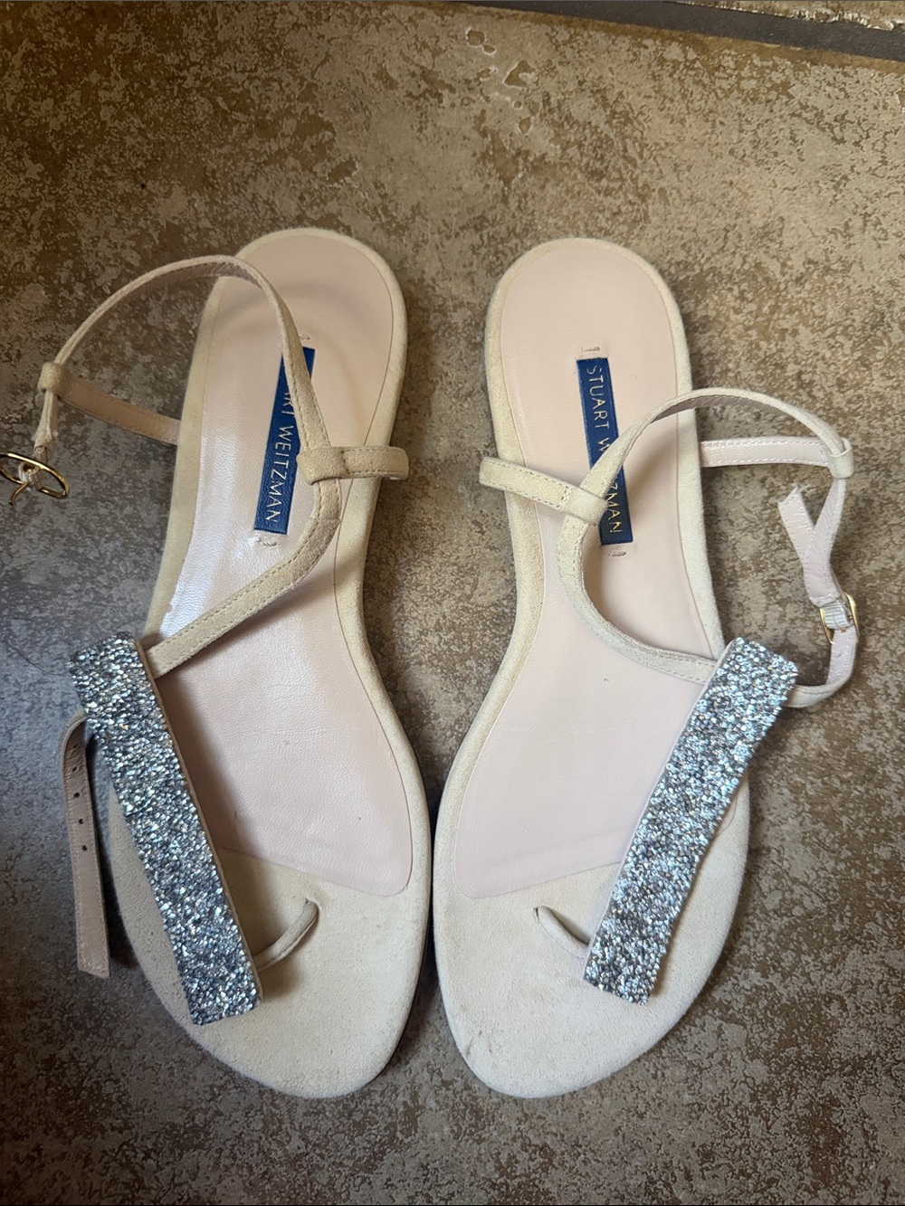Stuart Weitzman Nude Suede T-Strap Sandals with Silver Glitter